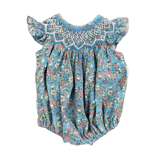 Teal bubble with floral print, ruffle sleeves and a smocked bodice.