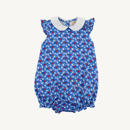 Blue bubble with red and white flowers with white collar