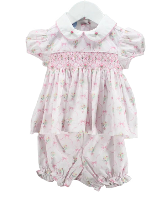 Pink floral baby smocked bloomer set with white collar. 