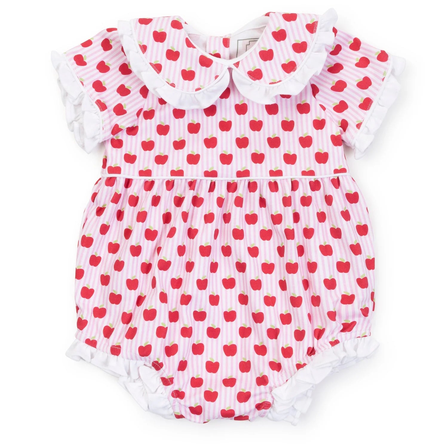 Bubble with apple pattern all over and ruffles around legs and collar 