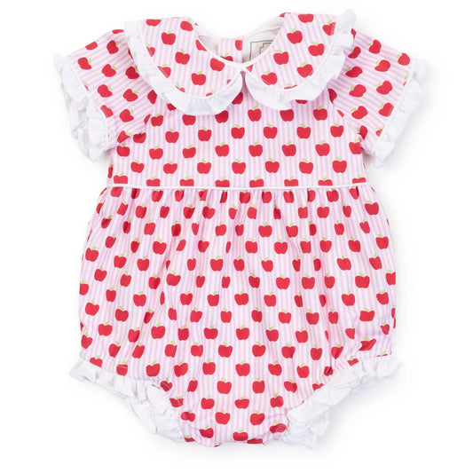 Bubble with apple pattern all over and ruffles around legs and collar 