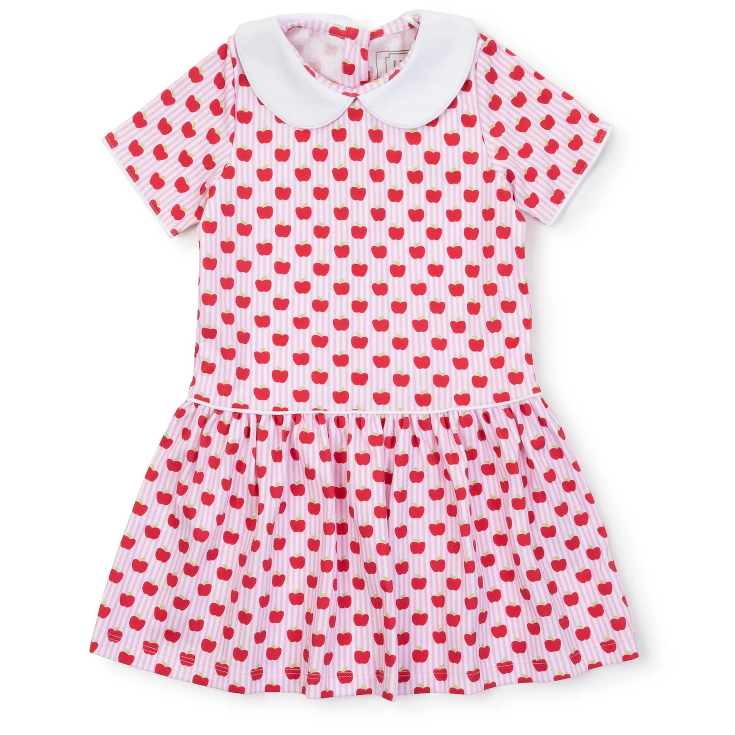 Red dress with apple pattern and white peter pan collar 