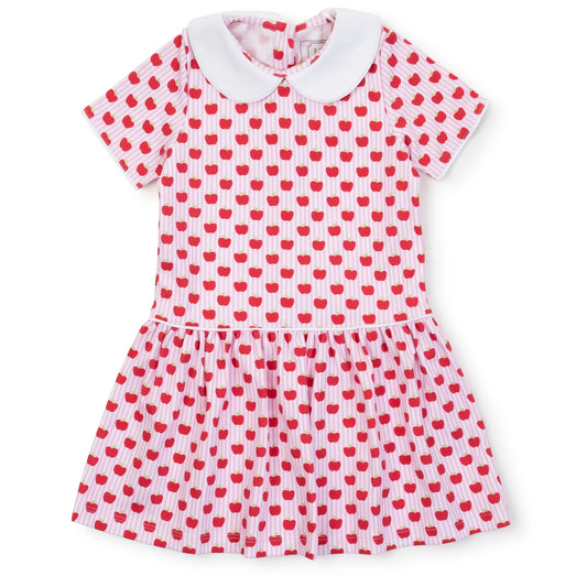 Red dress with apple pattern and white peter pan collar 