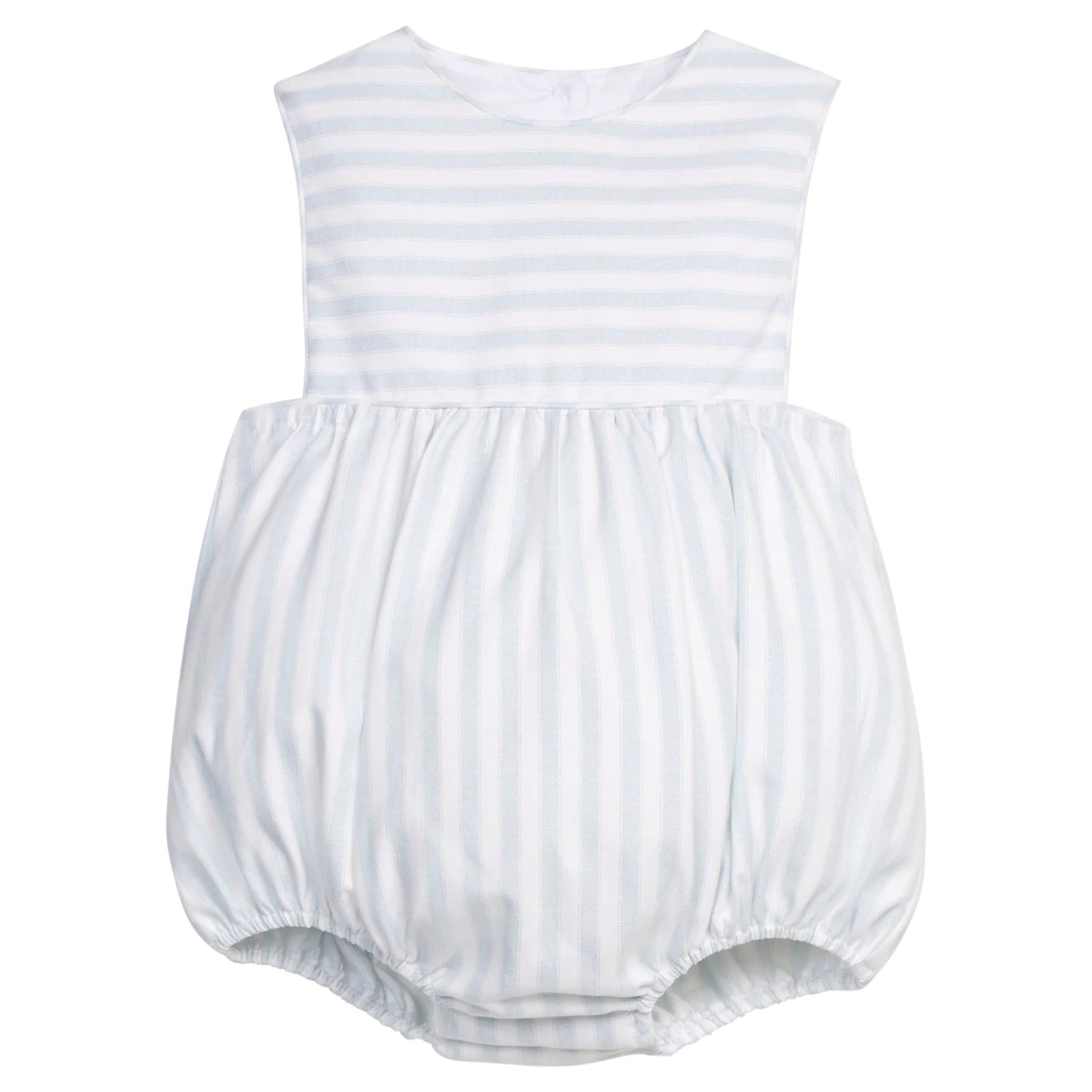 White baby romper with blue stripes on a white background