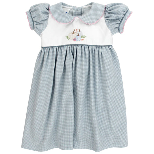 A baby girl's smocked dress featuring a light blue and white gingham pattern, a white yoke with a Peter Rabbit embroidery, and pink trim on the ruffled sleeves.