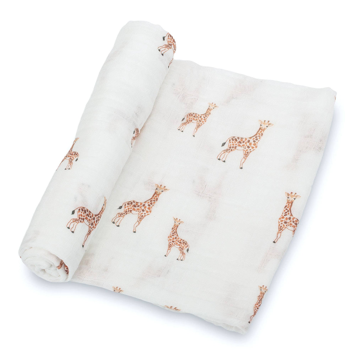 A folded white muslin swaddle blanket featuring a repeating pattern of brown and beige giraffes, shown on a clean white background.