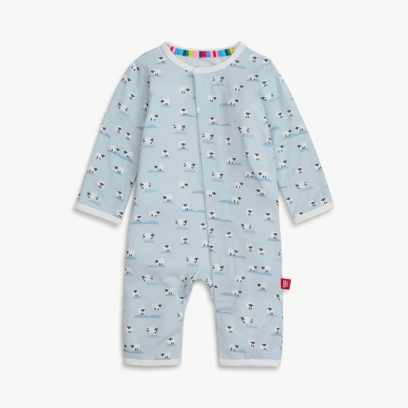 LIght blue coverall with sheep pattern.