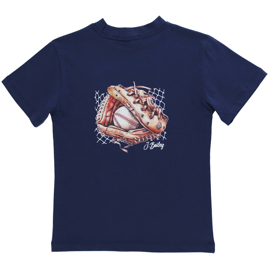 Navy blue t-shirt with a graphic of a baseball glove and ball 