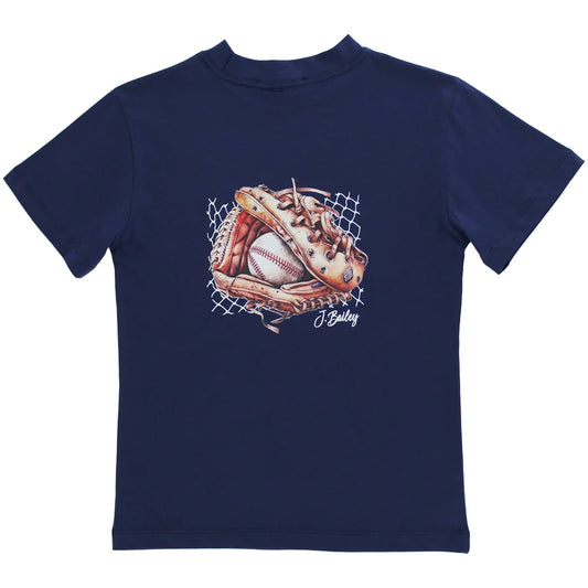 Navy blue t-shirt with a graphic of a baseball glove and ball 