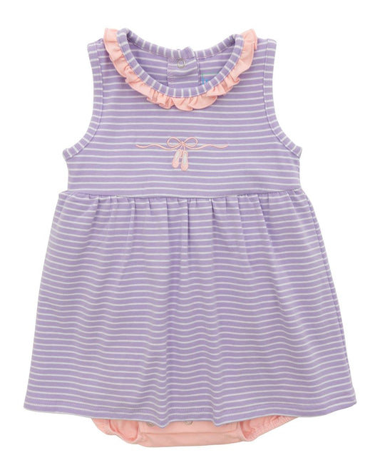 Purple striped dress with pink trim with ballet accents 