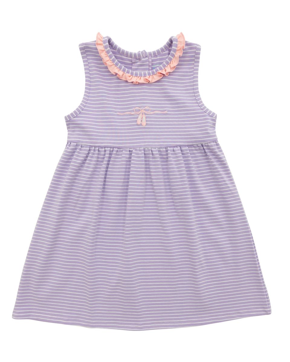 Purple striped dress with pink trim and ballet designs
