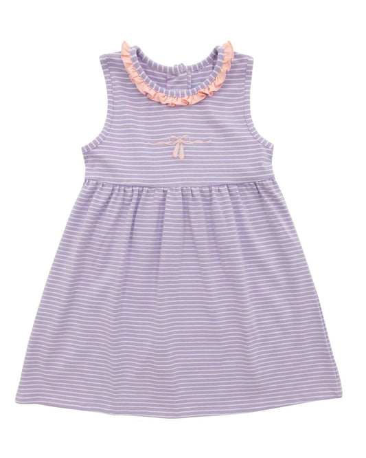 Purple striped dress with pink trim and ballet designs