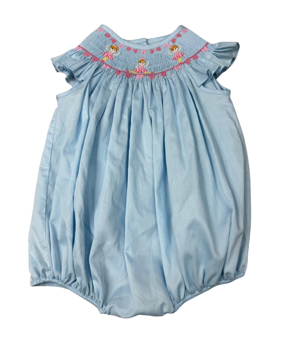 Blue smocked bubble with ruffle sleeves and embroidered ballerinas on smocking.