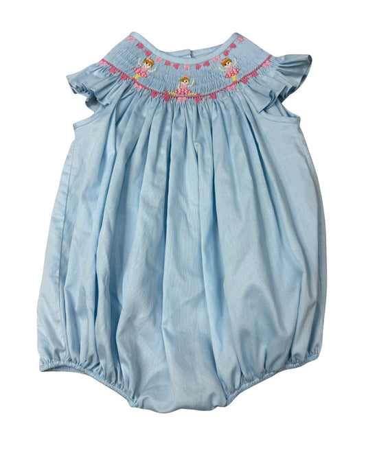 Blue smocked bubble with ruffle sleeves and embroidered ballerinas on smocking.