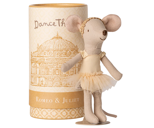 Stuffed mouse doll in a tutu dress next to a cylindrical box with decorative design and text maileg mouse