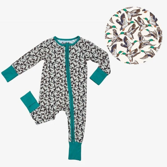 Mallard design on a cream background zippered pajama with bright teal trim.