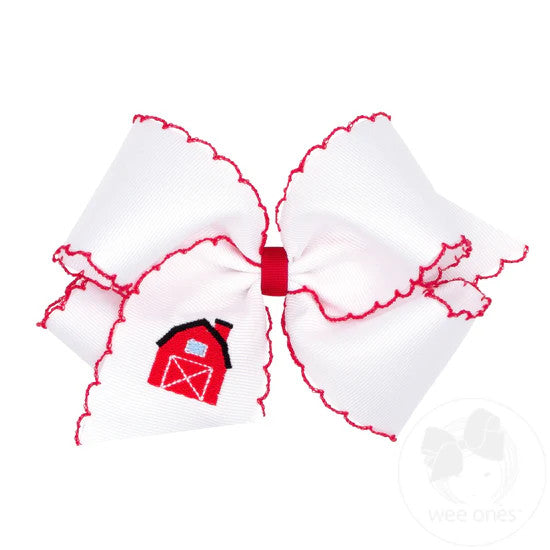 Grosgrain Hair Bow with Red Barn Embroidery and Moonstitch Edge
