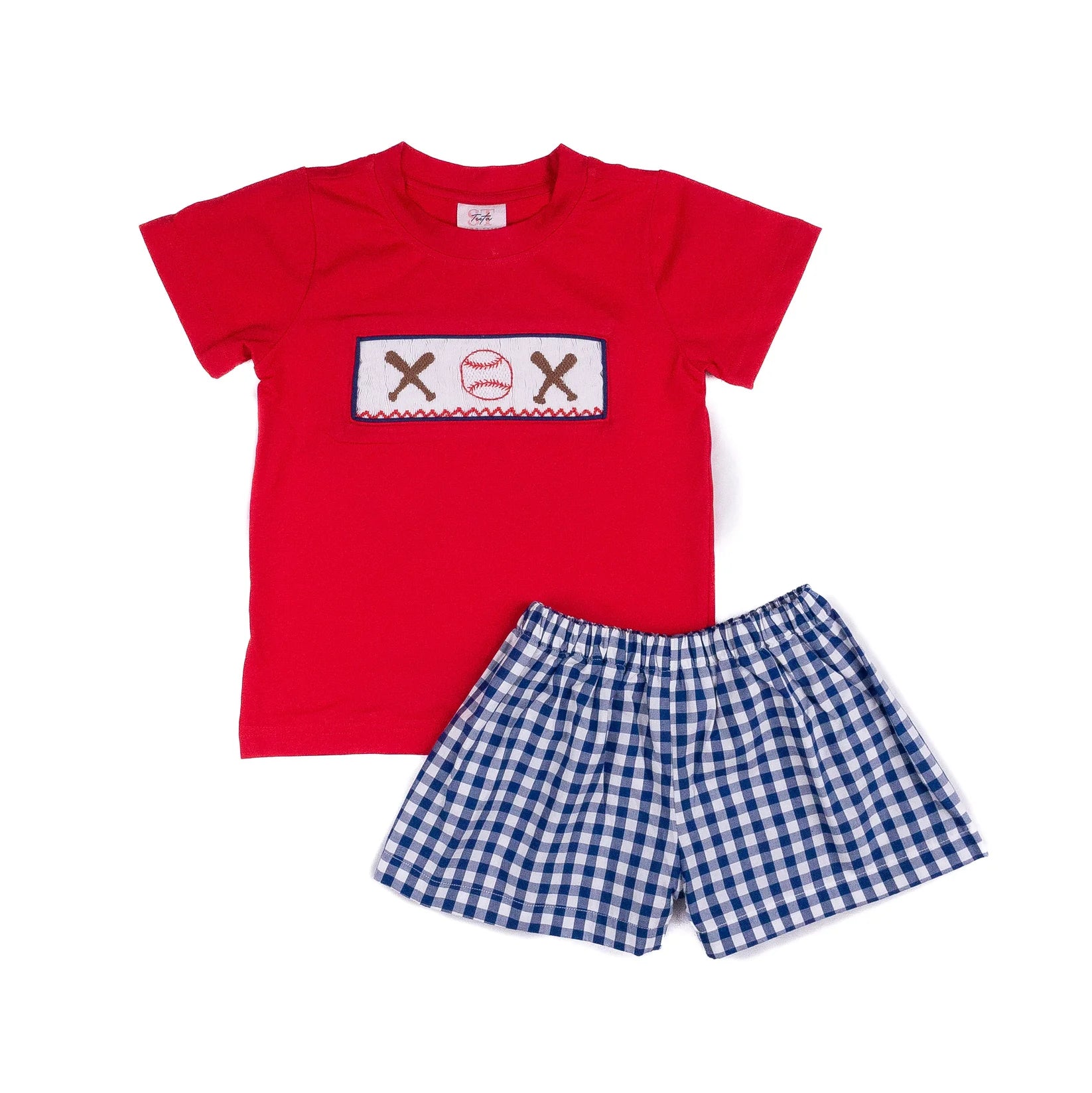 Smocked baseball short set with red top and navy and white checkered shorts 