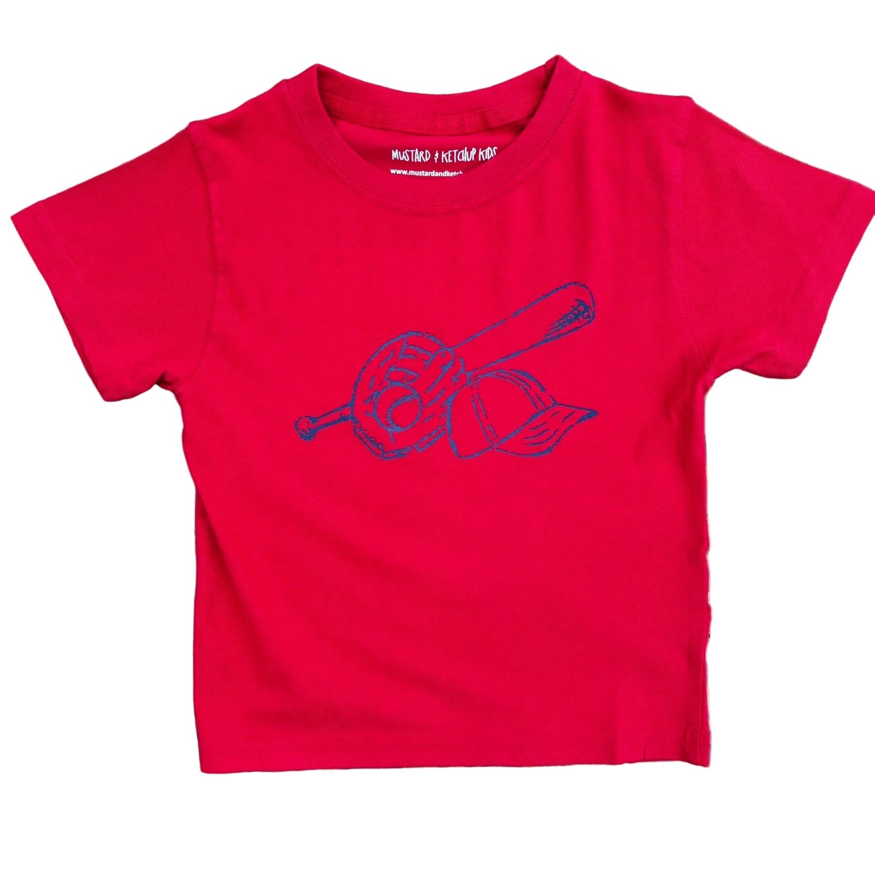 Red short sleeve tshirt with a navy baseball design.