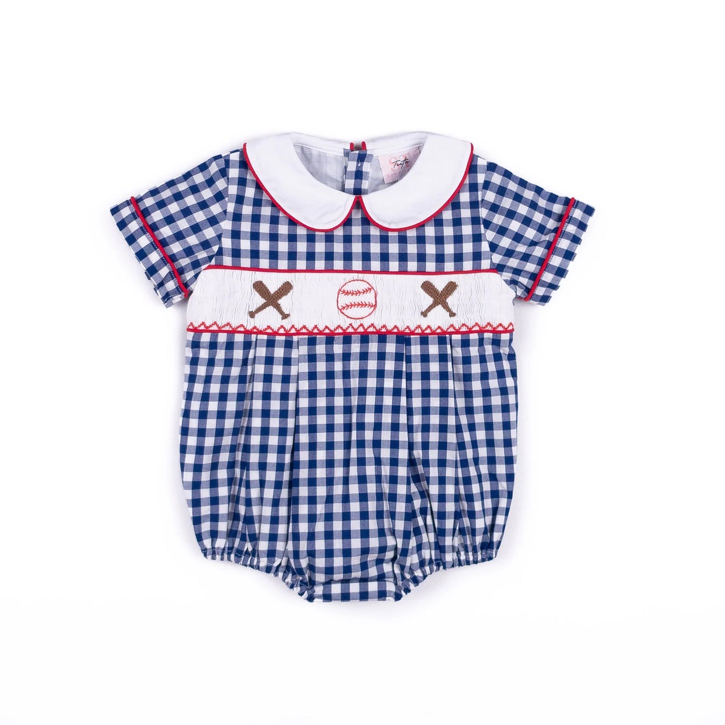 Navy blue and white checkered smocked baseball bubble 