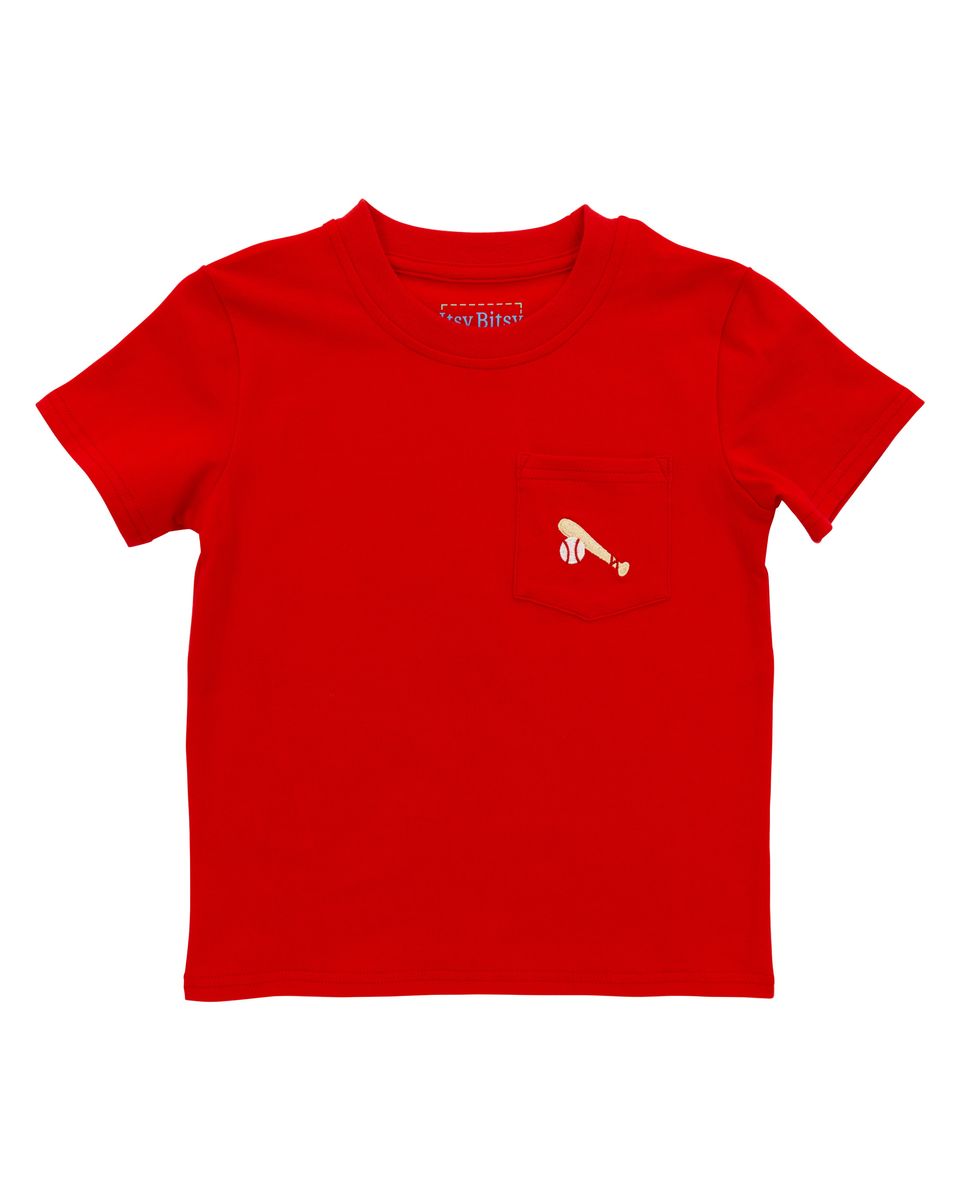 Red tshirt with pocket with baseball design 