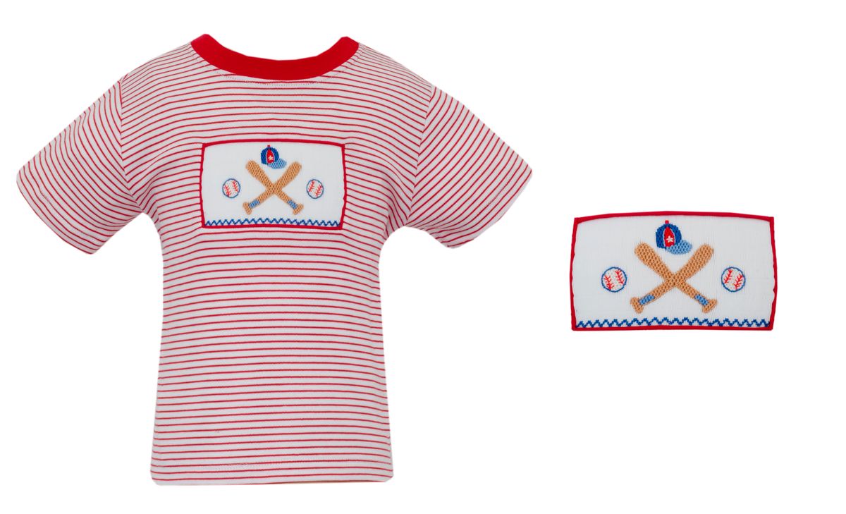 Red and white striped t-shirt with a smocked baseball-themed patch on a white background