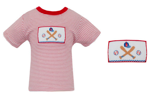 Red and white striped t-shirt with a smocked baseball-themed patch on a white background