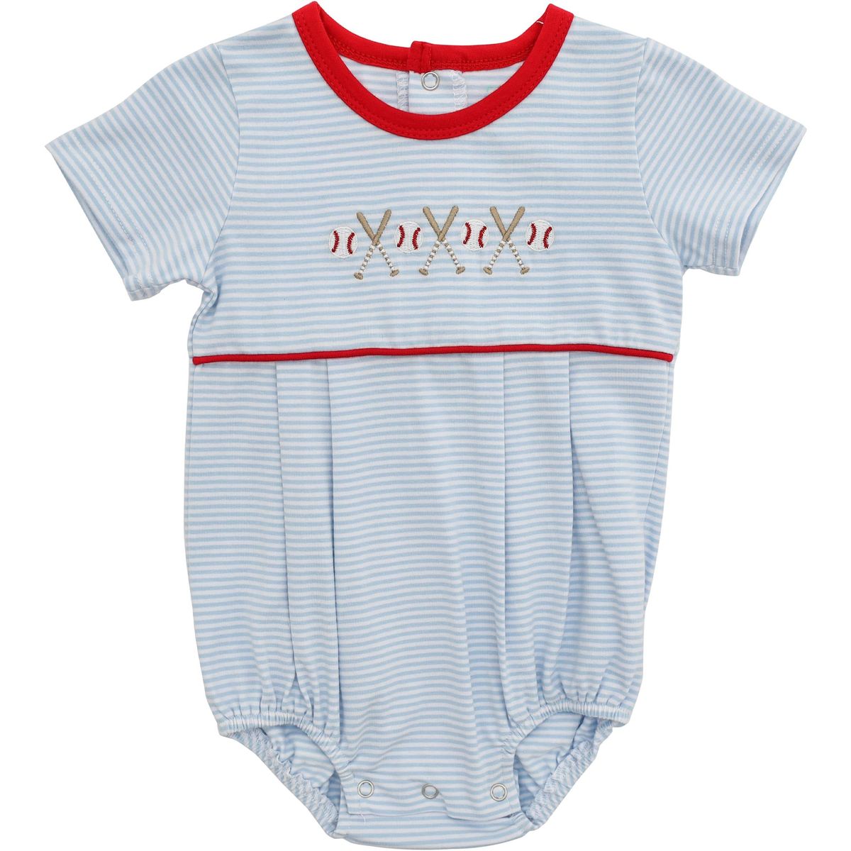 Baby romper with blue and white stripes and red accents with a baseball design

