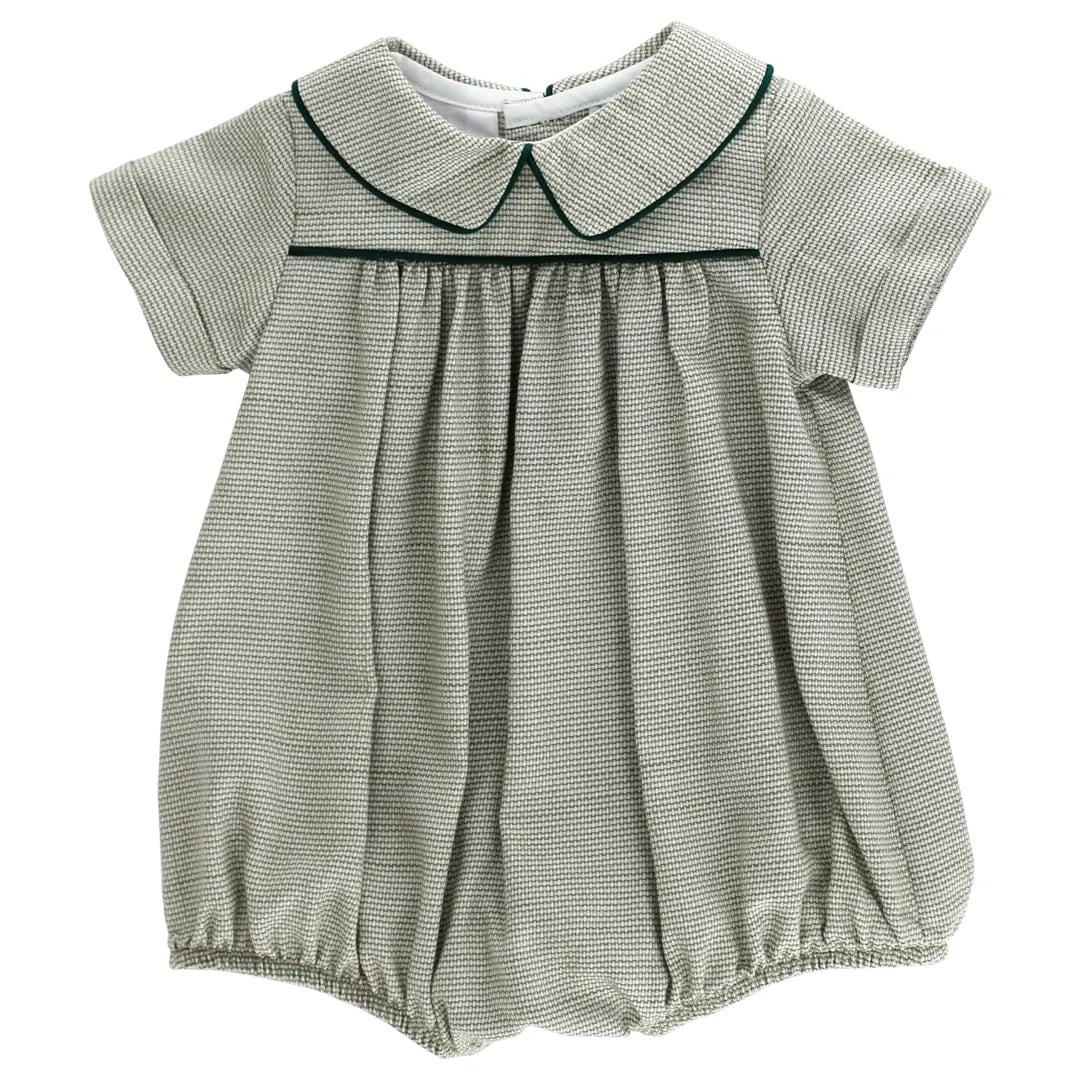 Green checkered baby romper with a collar on a white background