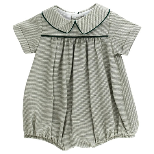 Green checkered baby romper with a collar on a white background