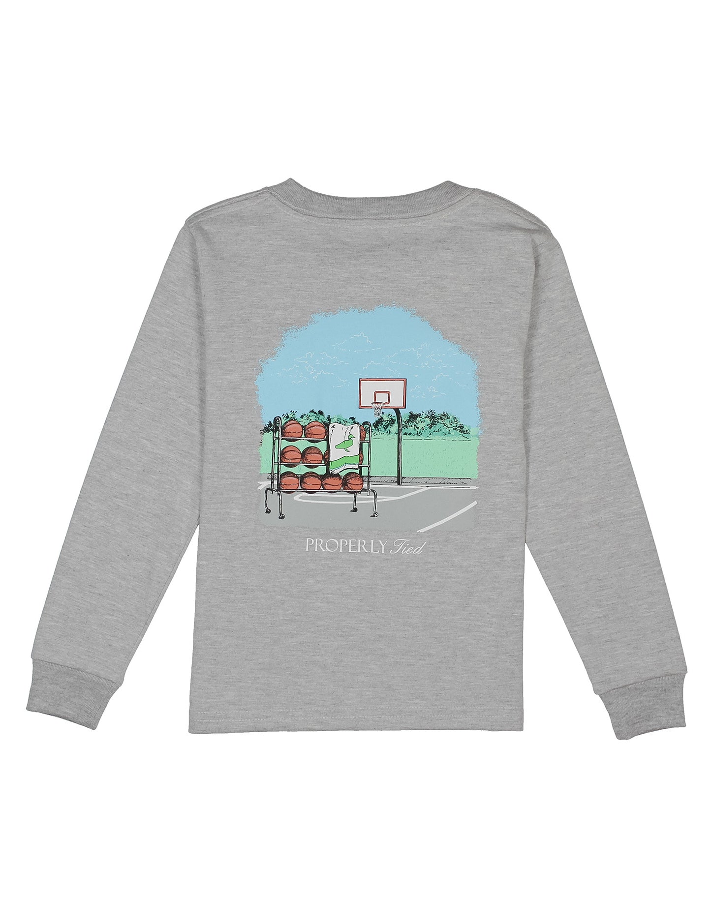 Gray long-sleeve shirt with a graphic of a basketball court and trees on the back, displayed on a white background.