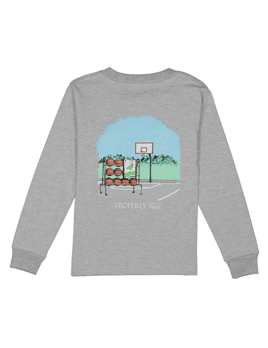 Gray long-sleeve shirt with a graphic of a basketball court and trees on the back, displayed on a white background.