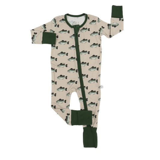 Tan one piece zipper pajama with green trim and a bass pattern. 