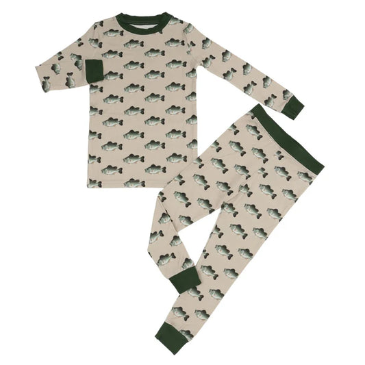 Tan two piece pajama set with green trim and a bass pattern.
