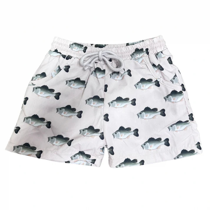 Light beige swim trunks with bass pattern.