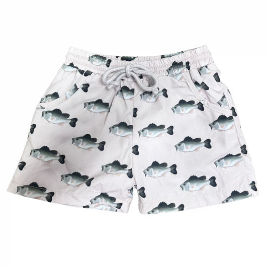 Light beige swim trunks with bass pattern.