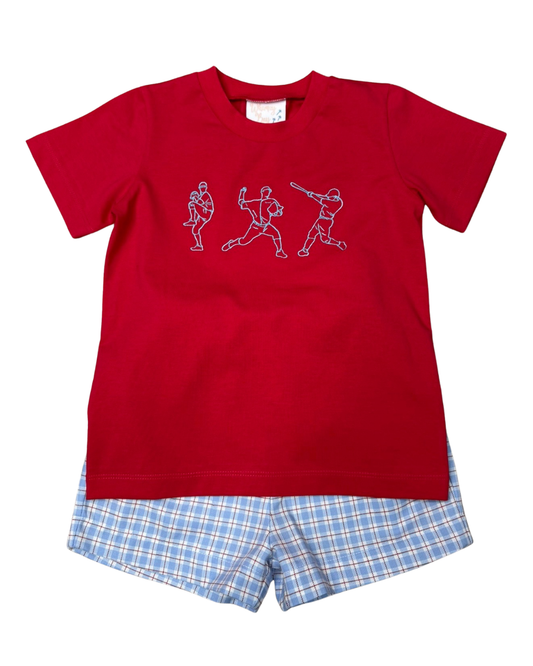Red t-shirt with baseball graphic design and blue checkered shorts on a white background