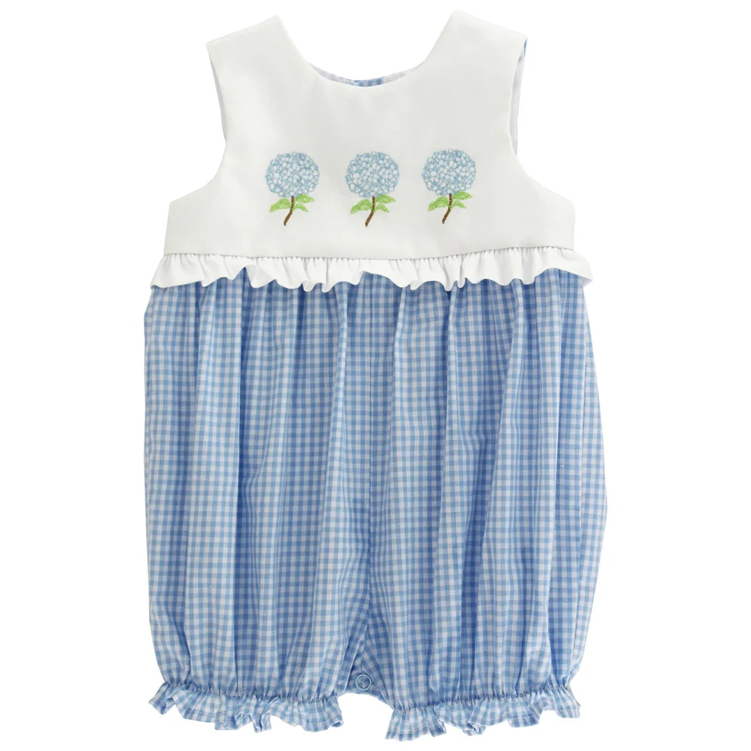 Baby romper with white top with hydrangea details and blue checkered bottom 