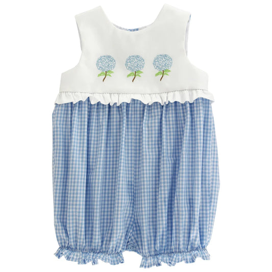 Baby romper with white top with hydrangea details and blue checkered bottom 
