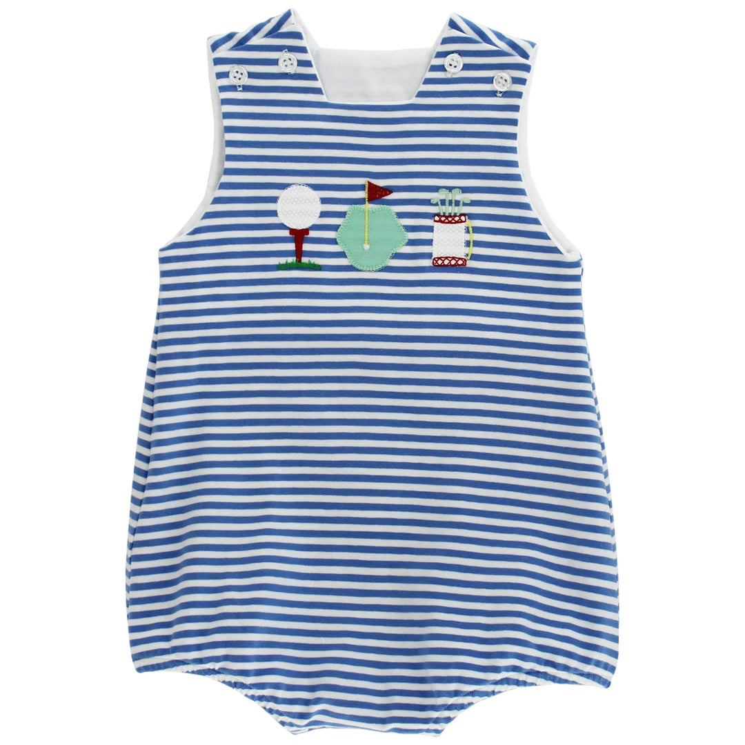 Blue and white striped romper with golf-themed design 