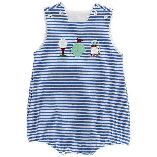 Blue and white striped romper with golf-themed design 