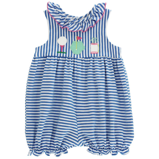 Blue and white striped baby romper with golf-themed design 
