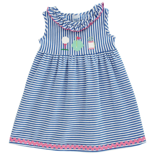 Blue and white striped dress with colorful golf details 