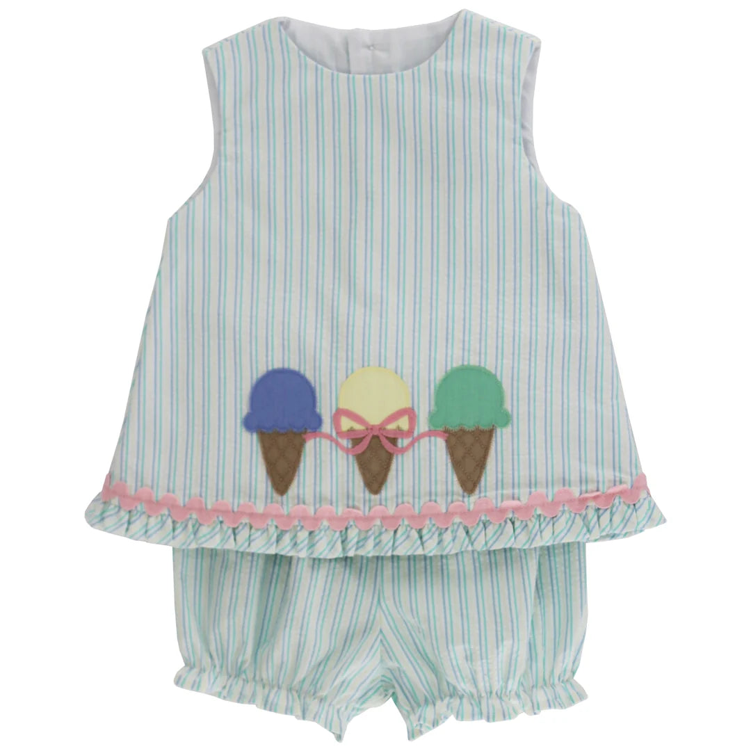 Children's outfit with striped top and shorts featuring ice cream cone designs 