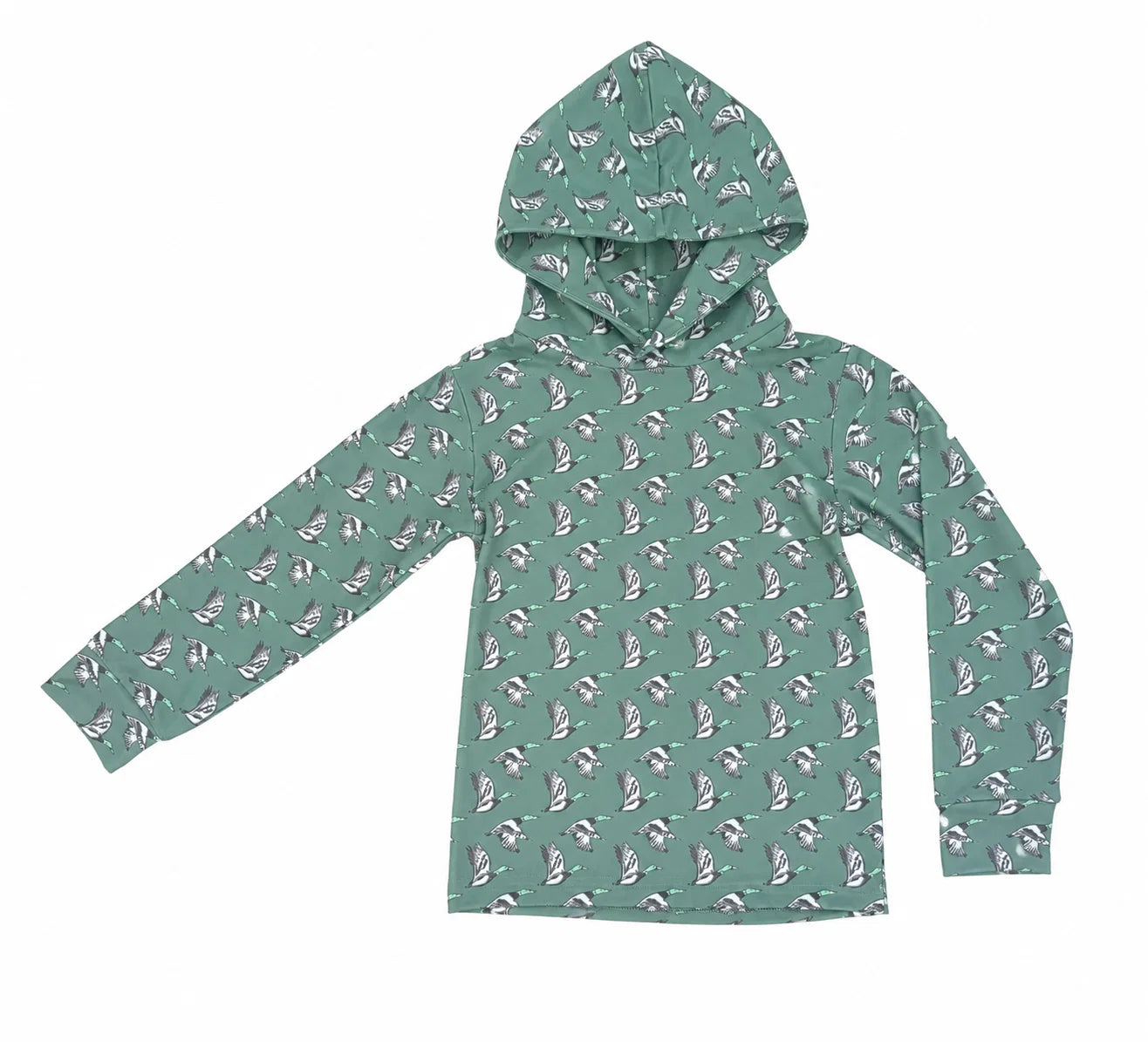 A kids' long-sleeve hooded sweatshirt in sage green with an all-over repeating print of small ducks, shown flat against a plain white background.