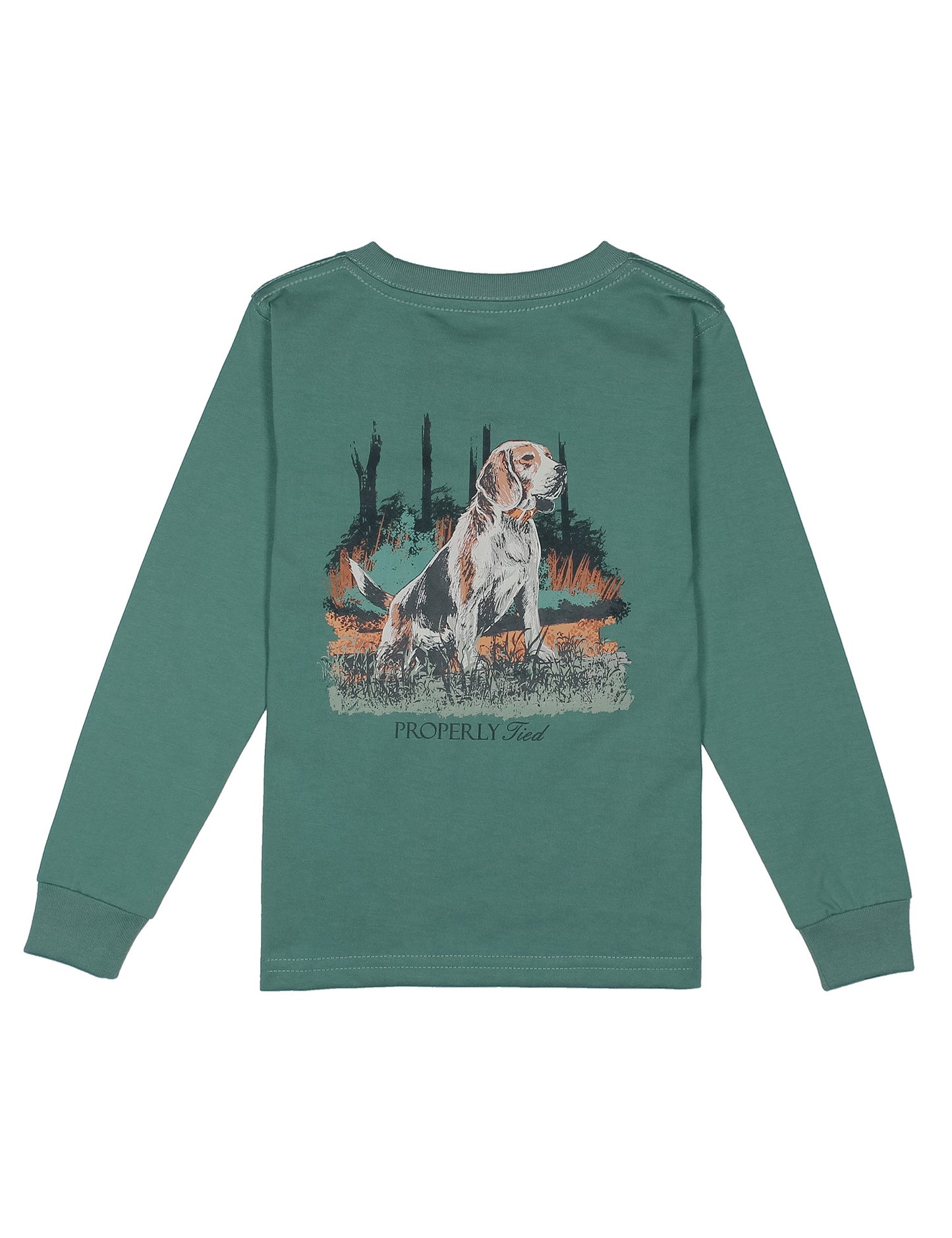 Green long-sleeve shirt with a beagle dog graphic on the back against a white background