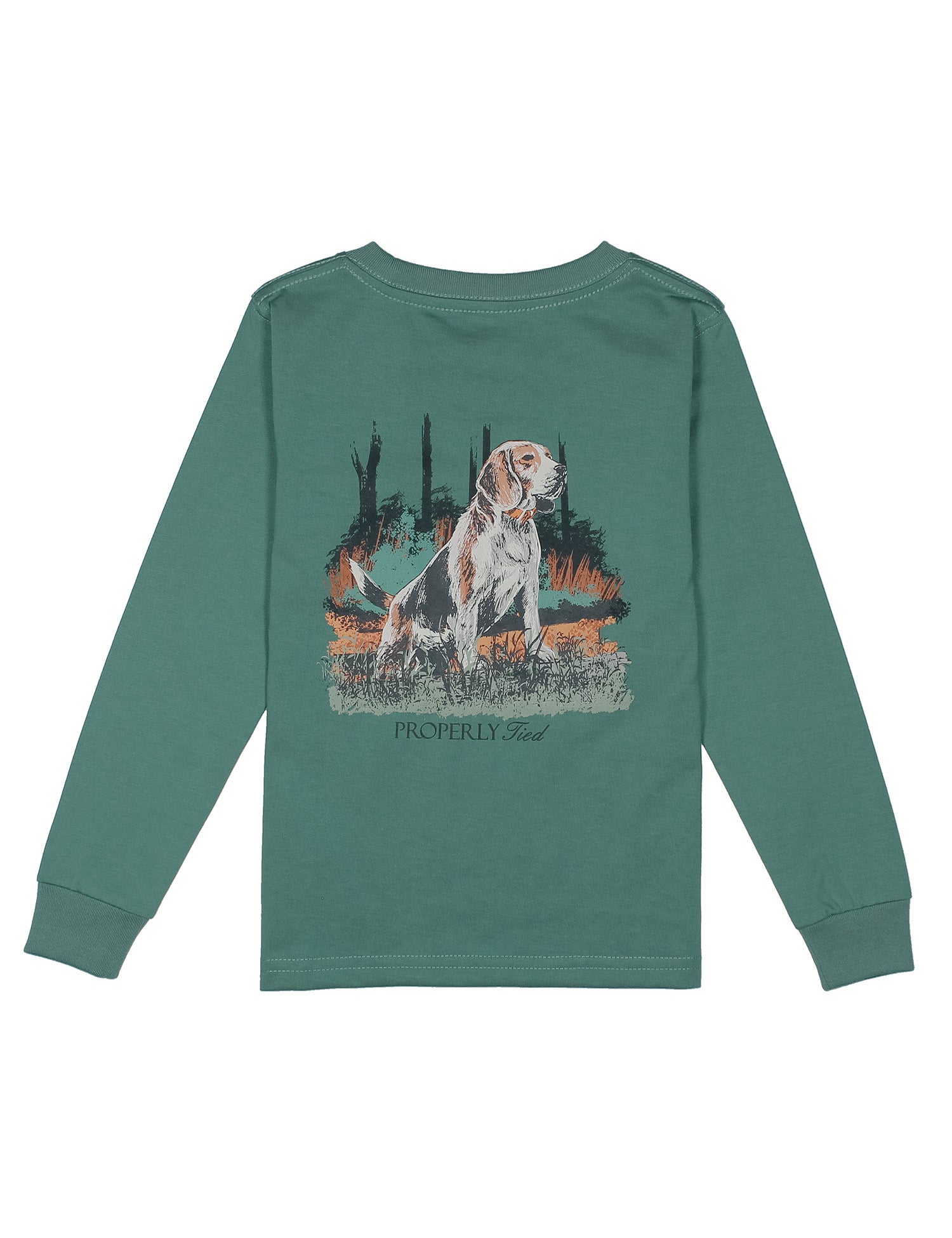 Green long-sleeve shirt with a beagle dog graphic on the back against a white background