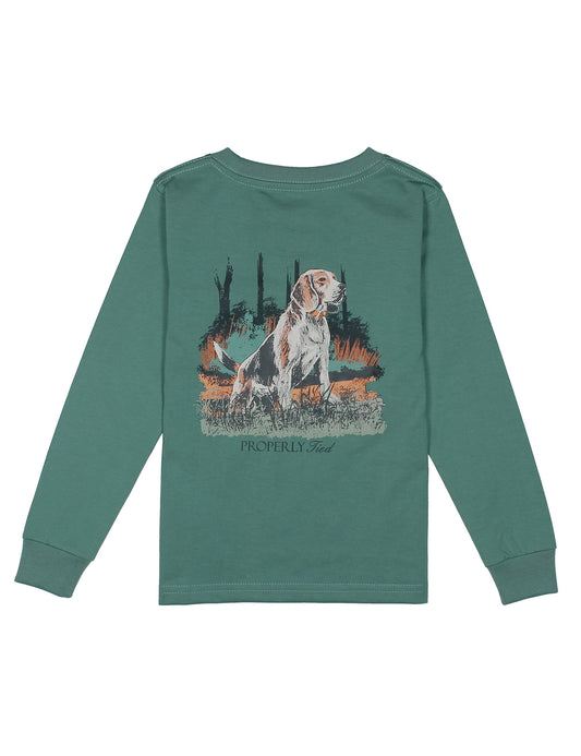 Green long-sleeve shirt with a beagle dog graphic on the back against a white background