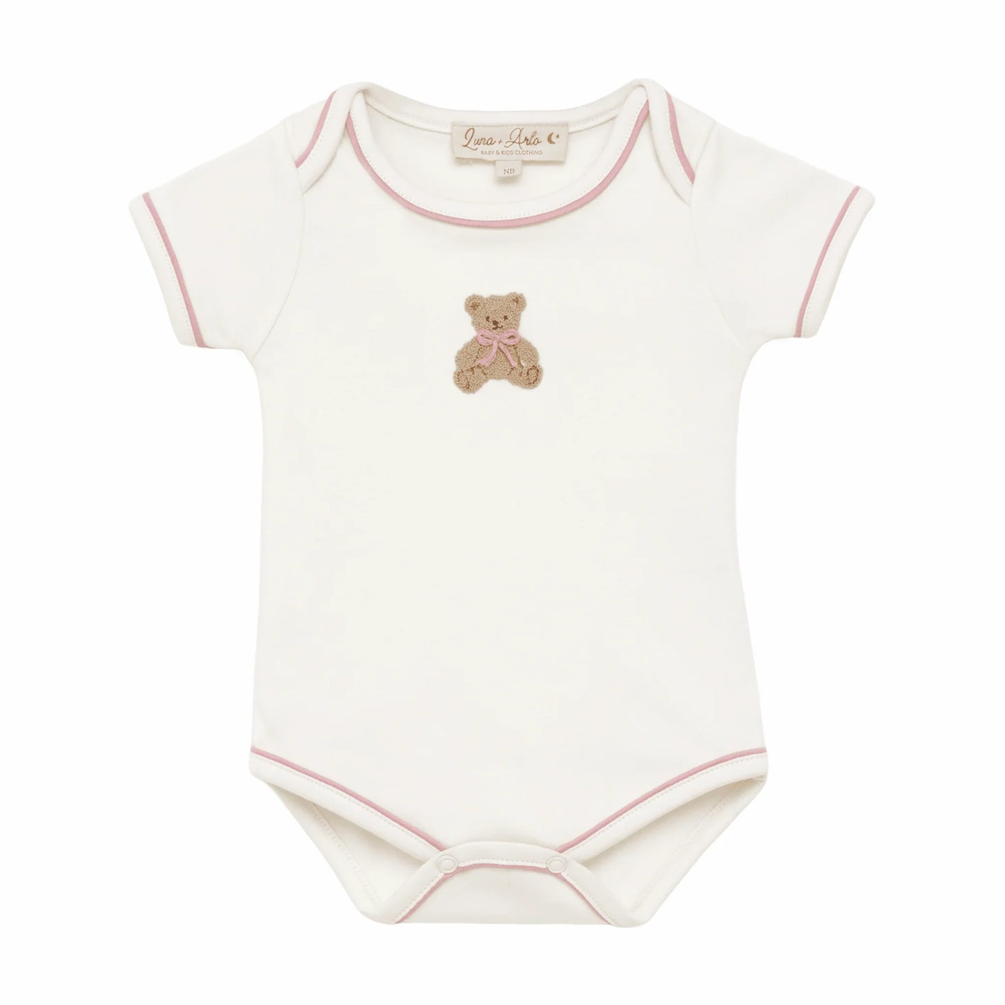 White lap shoulder bodysuit with pink trim and an embroidered bear at the center.