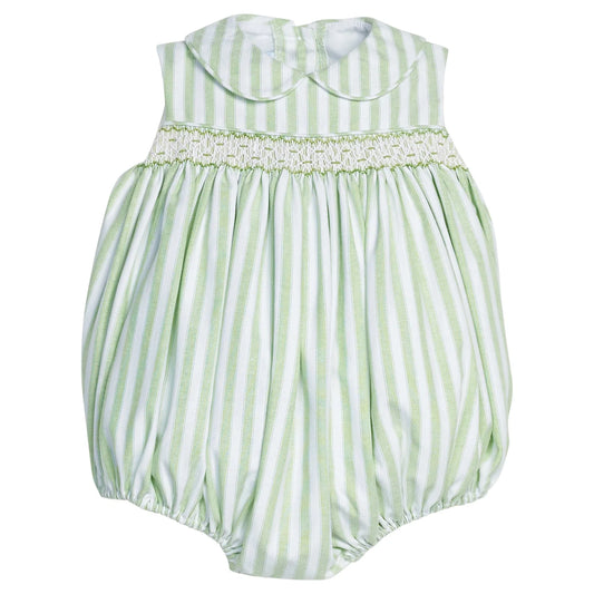 Green and white smocked striped baby romper with a collar on a white background